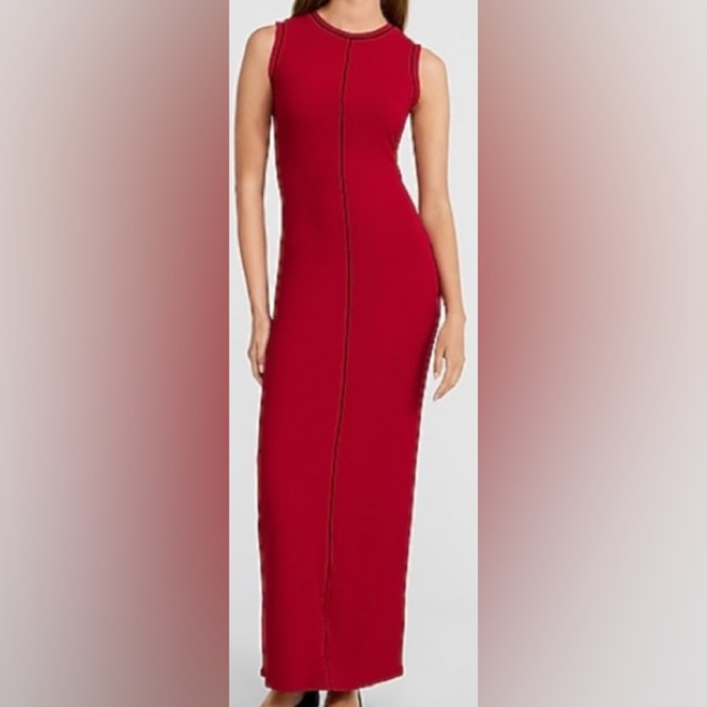 Express Red Ribbed Knit Maxi Dress W/ Black Piping/Sleeveless - Size S